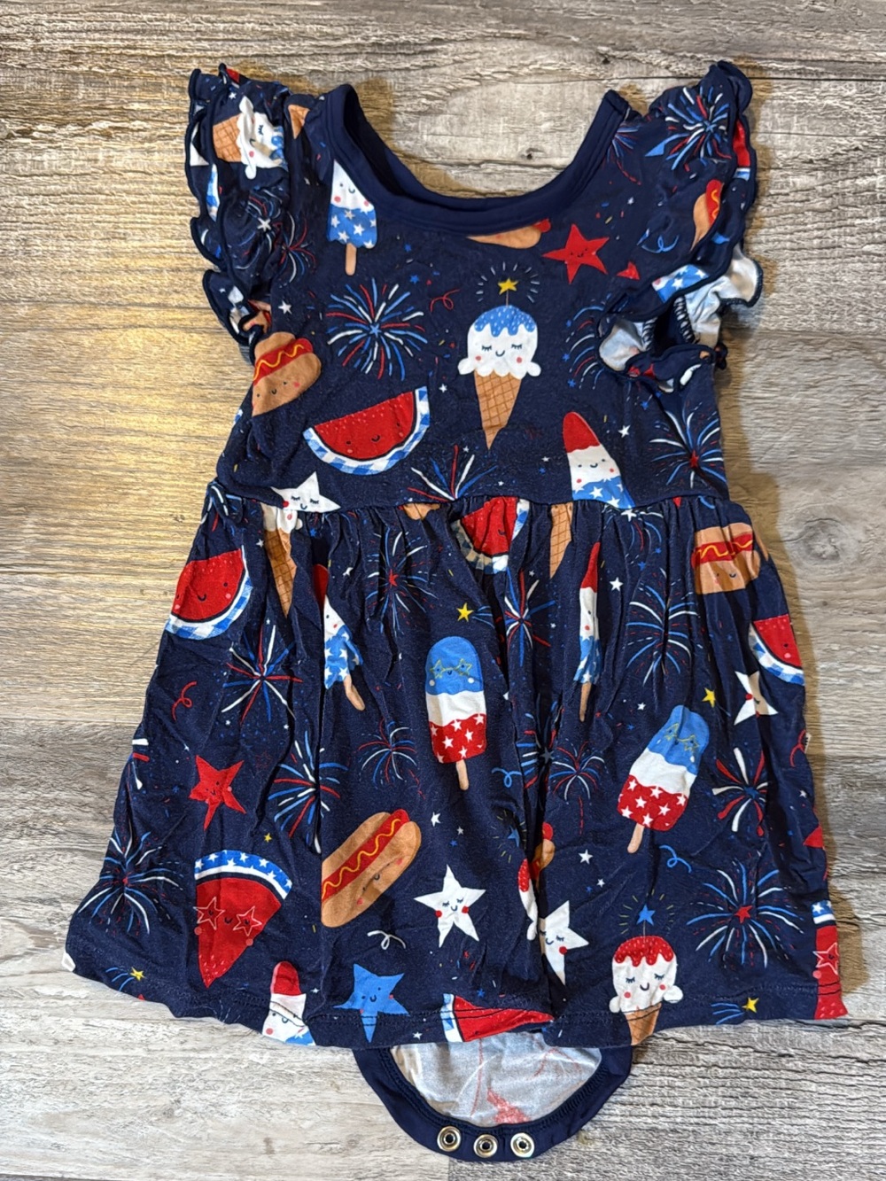 Little Sleepies Patriotic Navy Baby Dress Romper with Firework & Treat Print